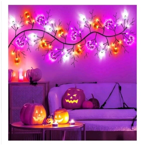 7 Ft 63 LED Halloween Willow Vine Twig Garland with 8 Modes Timer Orange Purple - Picture 4 of 6